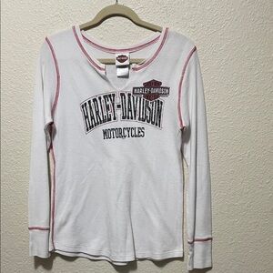 Harley-Davidson Women's White With Red Stitching Long Sleeve Thermal Tee Shirt.